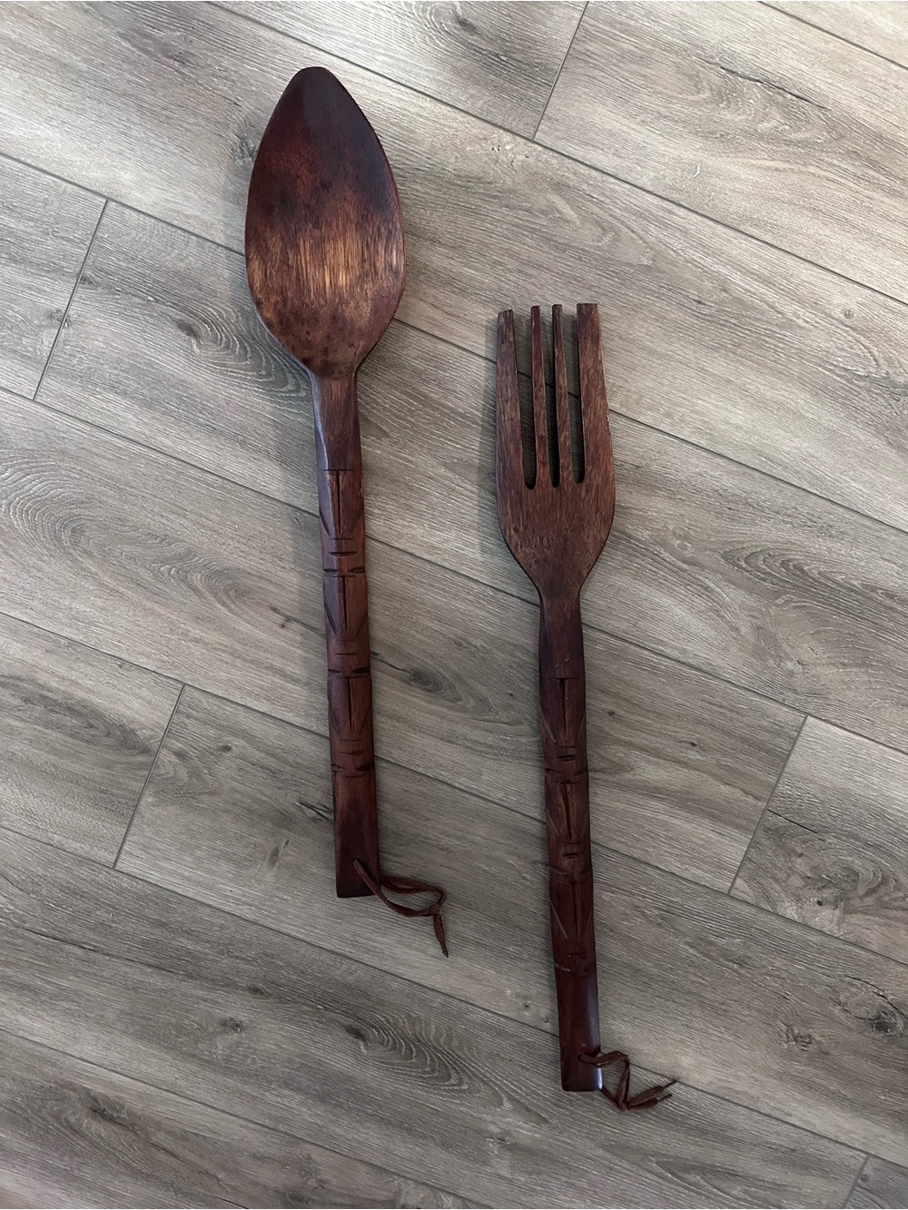 Vintage Wooden Carved Fork & Spoon Decor 27”